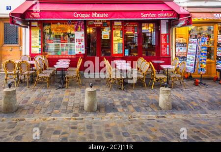 Paris, France, Feb 2020, view of the bar-terrace `Croque Monsieur`in the heart of Montmartre district Stock Photo